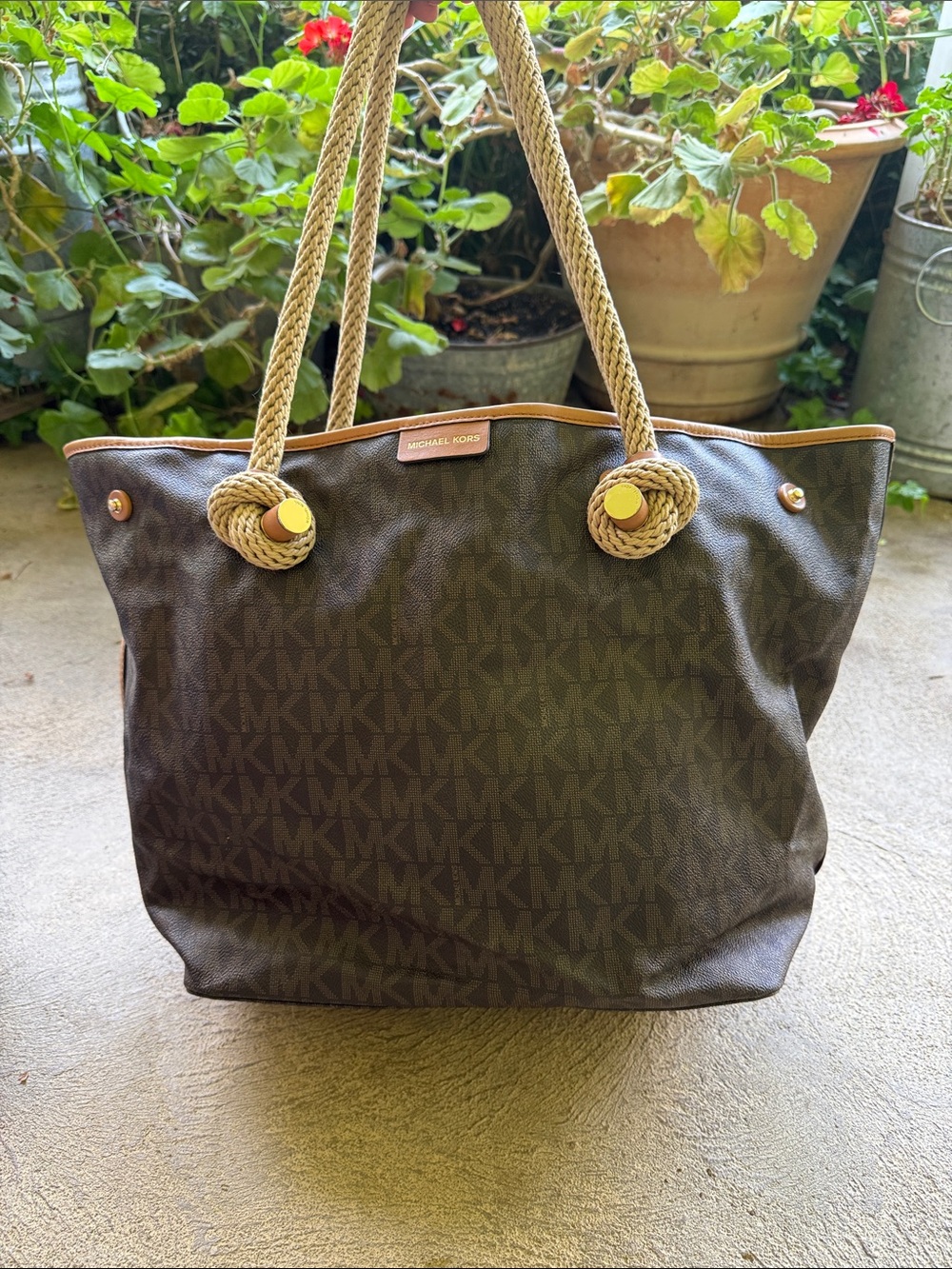 Michael Kors Dark Brown MK Logo Rope-Handle Tote with Gold Accents